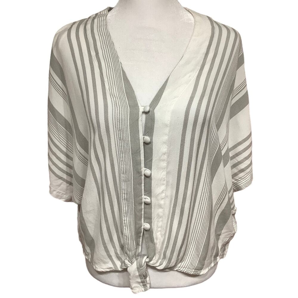 Striped V-Neck Button-Front Blouse in Ivory and Light Gray